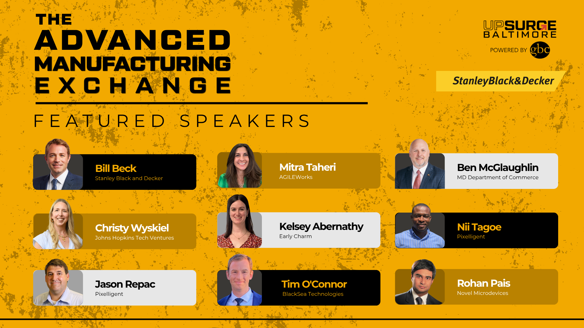 Featured Speakers graphic for The Advanced Manufacturing Exchange, an UpSurge Baltimore event powered by GBC and sponsored by Stanley Black & Decker. Nine speakers are shown with headshots on a gold background: Bill Beck (Stanley Black and Decker), Mitra Taheri (AGILEWorks), Ben McGlaughlin (MD Department of Commerce), Christy Wyskiel (Johns Hopkins Tech Ventures), Kelsey Abernathy (Early Charm), Nii Tagoe (Pixelligent), Jason Repac (Pixelligent), Tim O'Connor (BlackSea Technologies), and Rohan Pais (Novel Microdevices).