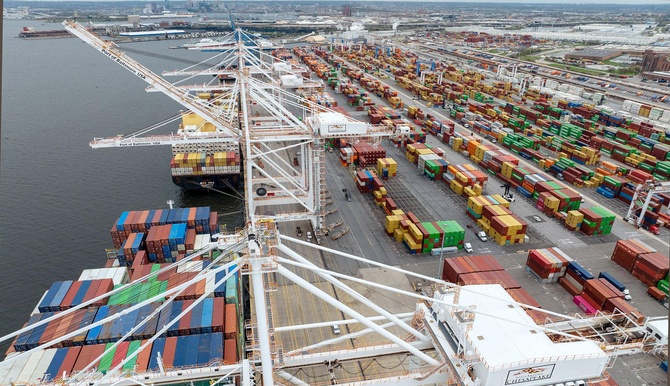 Port of Baltimore with cargo ships and waterfront infrastructure